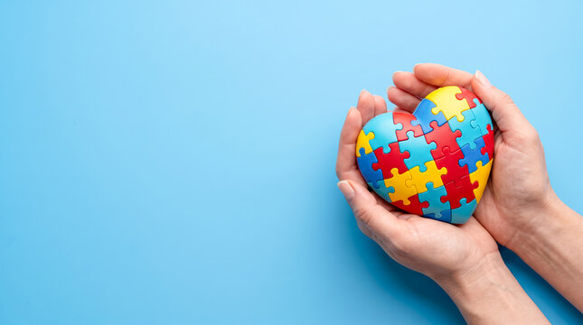 Hands gently holding colorful puzzle heart symbolizing unity, teamwork, and togetherness
