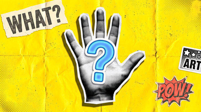 Hand with question mark graphic design on yellow background for creative surprise or inquiry concept
