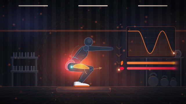 Squat exercise animation showing working quadriceps and glute muscles, side view fitness anatomy explainer in 4K