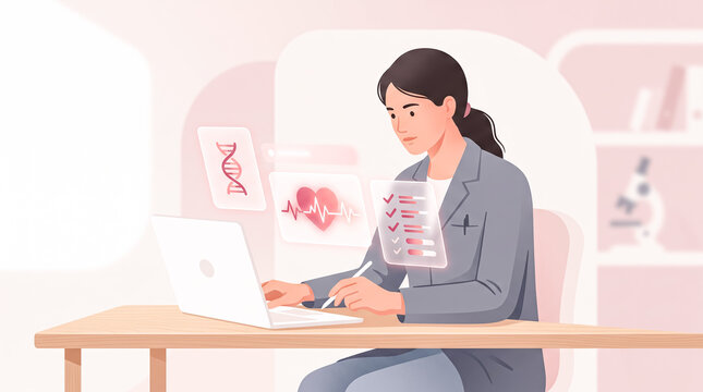 Medical researcher analyzing genetic and health data on laptop in modern office setting