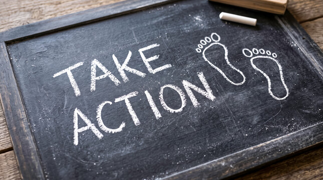 Motivational chalkboard with 'take action' and footprints symbolizing progress