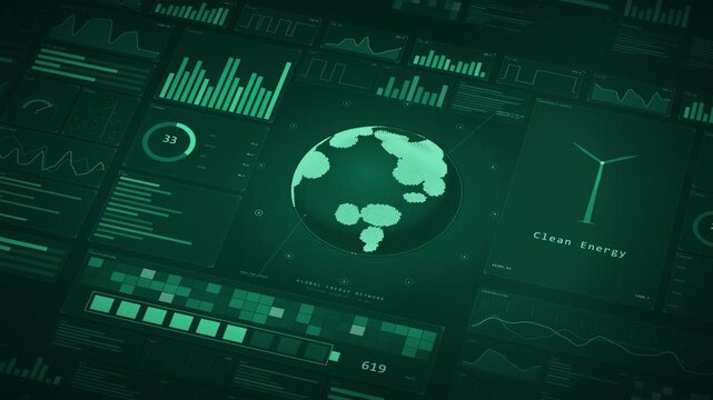 Green clean energy HUD dashboard with holographic globe and wind turbine panel, renewable power data charts, sustainability tech interface animation