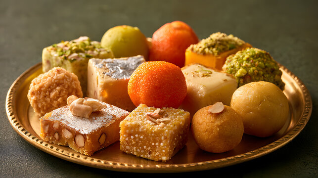 Diwali mithai platter beautifully arranged with kaju katli topped with silver work.