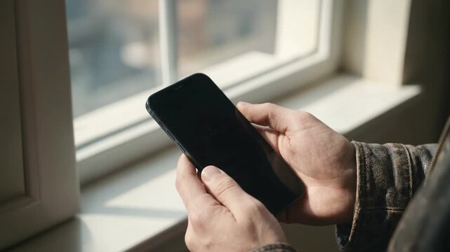 Close up of hands holding a smartphone with a low battery warning icon by a window