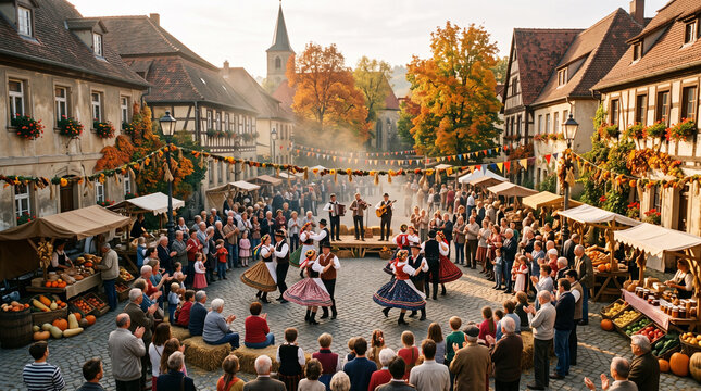 Folk dancers at harvest celebration in a vibrant autumn village square  
