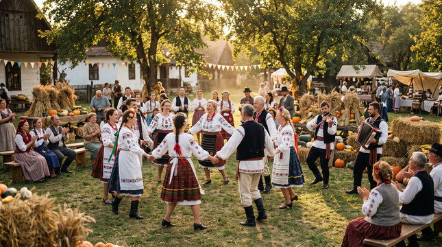 Folk dancers at harvest celebration in traditional costumes outdoors  