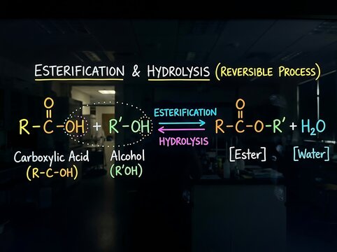 Esterification and hydrolysis chemical formula showing reversible reaction on glass board with carboxylic acid organic chemistry scientific education