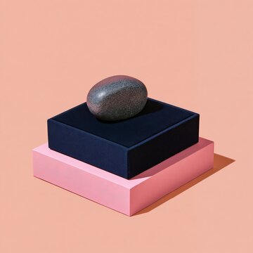 Smooth grey stone rests atop stacked geometric boxes.