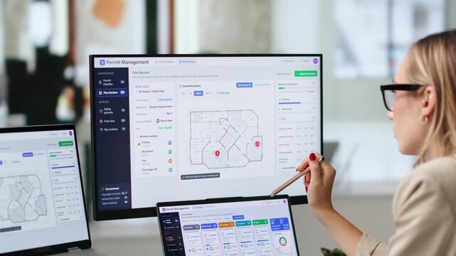 Municipal Permit Manager Reviews Online Application Using Computer