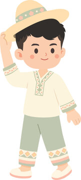 Cute Mexican Boy Wearing Traditional Costume and Straw Hat