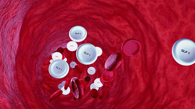 GLP-1 Hormone Molecules Flowing Through Human Bloodstream 3D Medical Animation