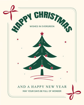 Christmas poster with tree, stars, ornament, merry greeting, festive holiday typography and golden decoration, concept of seasonal celebration, warmth, joy, elegance and winter tradition