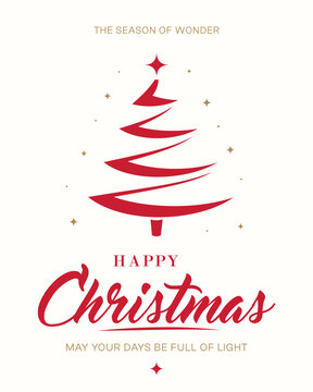 Christmas poster with red Christmas tree, festive greeting, elegant typography, stars and holiday message, concept of winter celebration, joy, wonder, light and seasonal tradition