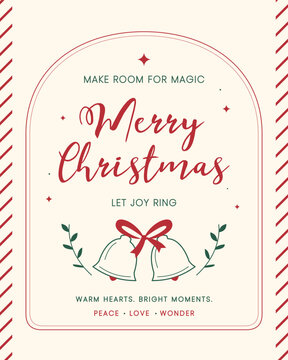 Christmas poster with merry greeting, bells, ribbon, festive holiday typography and vintage red green decoration, concept of celebration, joy, peace, love and seasonal magic