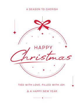 Christmas poster with happy greeting, ornament, ribbon, stars, festive typography and New Year message, concept of holiday celebration, love, joy, season and winter tradition