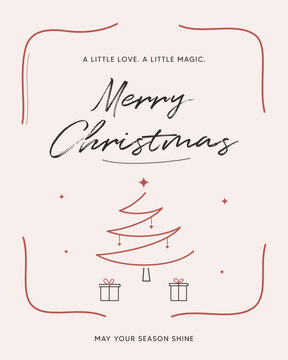 Christmas poster with merry greeting, tree, gifts, stars, festive typography and holiday design, concept of seasonal celebration, magic, love, joy and winter tradition