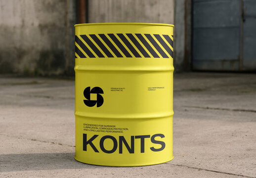 Yellow Industrial Oil Drum Featuring Black Hazard Stripes