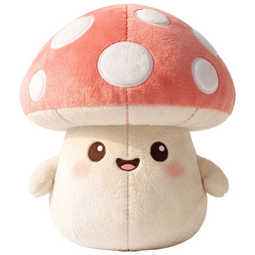 Cute animal doll soft fur A kawaii plush toy mushroom with a cheerful expression sits against a plain background, its round cap adorned with white polka dots and its stubby arms outstretched.