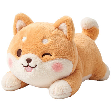 Cute animal doll soft fur A cute and fluffy Shiba Inu plush toy with a charming wink and rosy cheeks, lying down playfully.