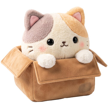 Cute animal doll soft fur A cute calico cat plushie with big innocent eyes and rosy cheeks peeks out from a cardboard box, embodying adorable comfort and playful charm.