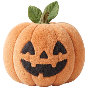 Cute animal doll soft fur A plush jack-o'-lantern with a carved, smiling face and two green leaves atop sits cheerfully, ready for Halloween festivities.