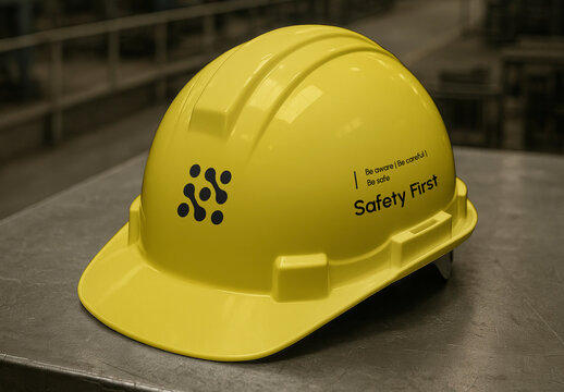 Yellow Safety Helmet Mockup PSD On Metal Table In Industrial Setting