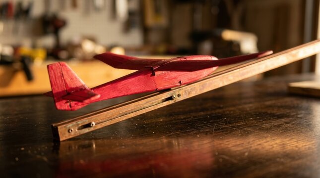 Crimson wooden test glider resting on an angled copper launch rail above a polished ebony surface, set up for aerodynamic quality testing and maiden flight trials.