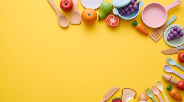 Pretend play kitchen toys with wooden food and cooking utensils on