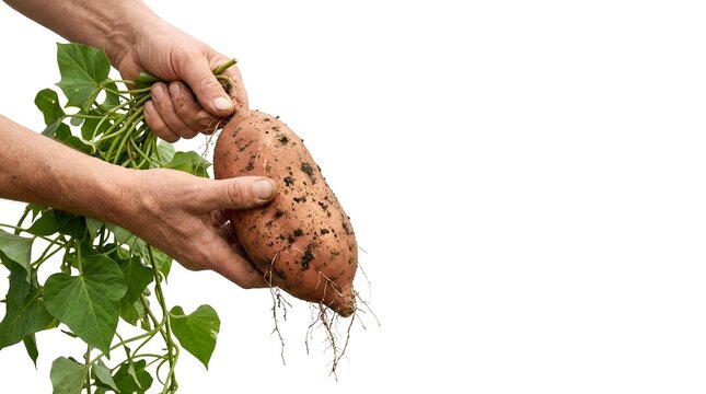 Farmer&rsquo;s hands holding a freshly harvested sweet potato with soil, roots and green vines attached.