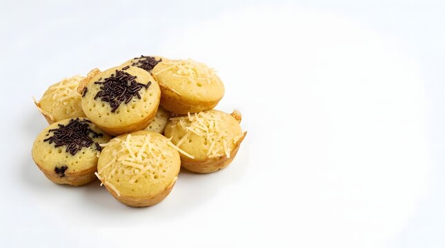 Pile of Indonesian kue cubit mini cakes topped with grated cheese and chocolate sprinkles.