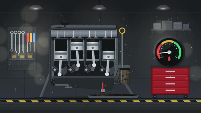 Car engine oil change cutaway, old black oil drains and fresh golden oil flows through the engine, animation 4K