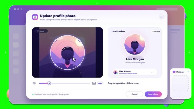 Modern user interface design showing profile picture update and cropping window on desktop and mobile screens
