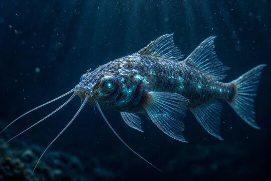 Bioluminescent deep-sea catfish with glowing blue eyes and barbels in dark ocean water