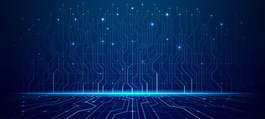 Plakat Blue circuit board perspective with digital tech patterns. Modern abstract background showcasing electronic data flow and futuristic technology design for innovation concepts. Vector illustration.