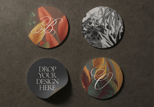 Round Coaster Mockup PSD With Botanical Designs On Dark Textured Background