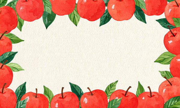 a watercolor illustration frame composed of bright red apples and green leave