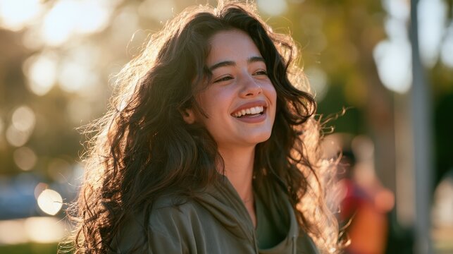 Bright, carefree teen portrait of a girl in sporty apparel laughing in a park setting
