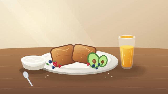 Delicious breakfast meal with toasted bread and fresh fruit juice served on wooden table