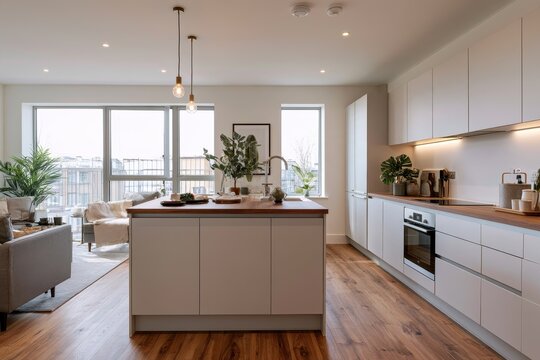 Bright, airy living space showcasing a contemporary kitchen and calm neutral palette