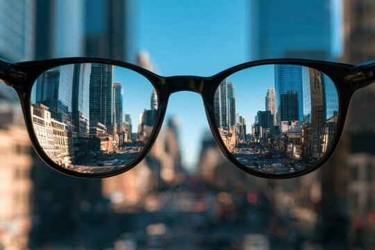 Bright cityscape seen through modern eyeglasses: a crisp urban view