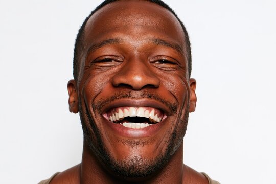 Bright, confident studio portrait of a man with a broad smile and natural lighting