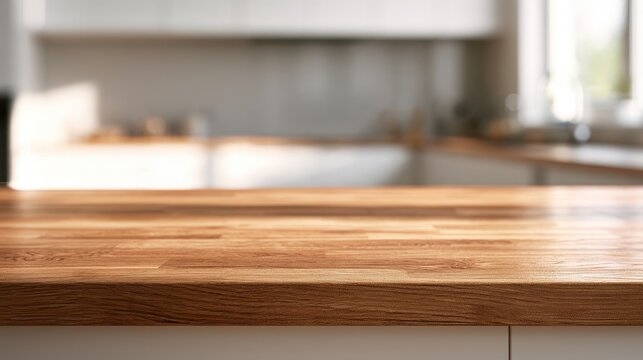 Bright clean space: warm wood surface beneath a shallowly blurred contemporary interior