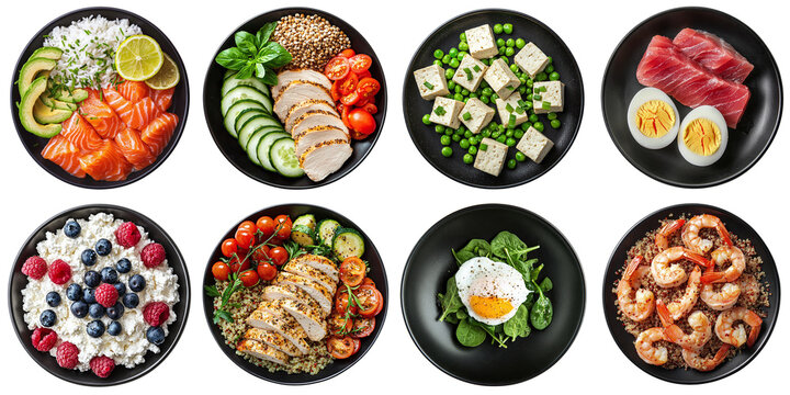 Healthy food set: basil, shrimp, cottage cheese, berries, tofu, tuna, egg, peas, vegetables, chicken, rice Avocado, isolated on transparent background PNG, clipping path, template, mockup, cut out
