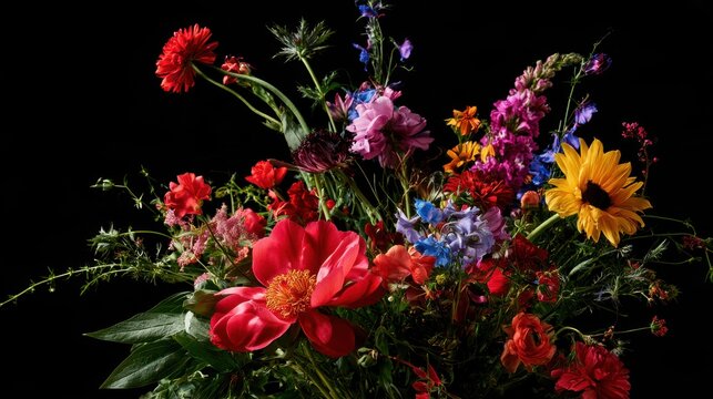 Bright floral arrangement on a stark black setting with rich colors and soft focus