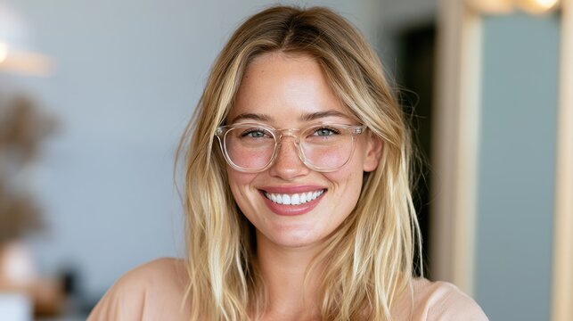 Bright eyed portrait of a blonde woman wearing eyewear and a warm smile