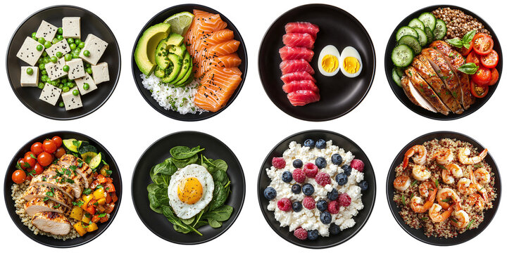 Healthy food set: basil, shrimp, cottage cheese, berries, tofu, tuna, egg, peas, vegetables, chicken, rice Avocado, isolated on transparent background PNG, clipping path, template, mockup, cut out