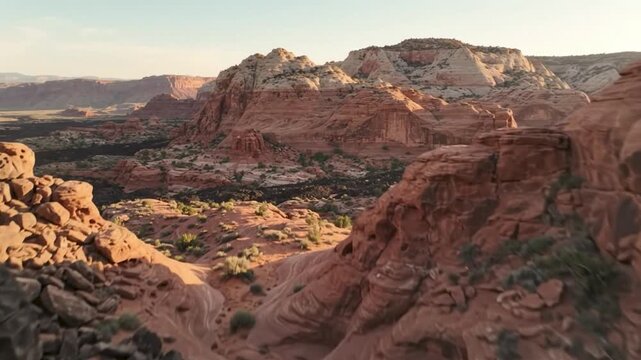 Aerial view of red rock desert landscape and volcanic lava fields in utah at sunset sandstone