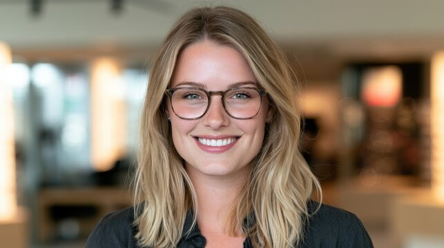 Bright headshot of a woman wearing eyewear, looking at the camera