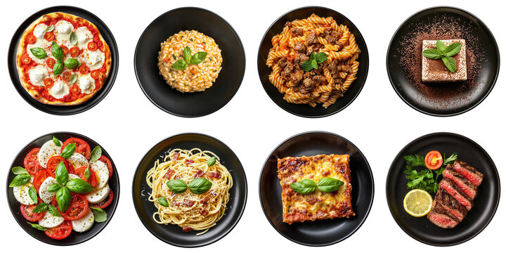 Set of fine dining restaurant dishes: tiramisu, pizza, steak, pasta, mozzarella, lasagna, isolated on transparent background PNG, clipping path, template, mockup, cut out
