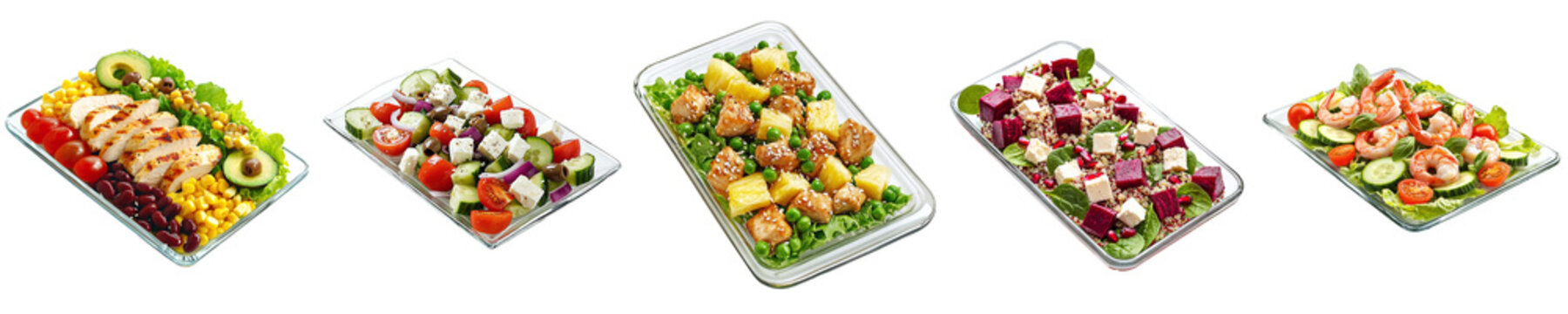 Set of delicious salads with chicken, salmon, tofu, avocado, olives, and vegetables, isolated on transparent background PNG, clipping path, template, mockup, cut out
